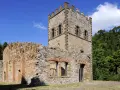 Rovine di un castello a Montecatini Val di Cecina, con una torre merlata e mura in pietra e mattoni, circondato da alberi verdi.