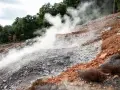 Fumarole attive nel Parco delle Biancane, con vapore che sale da un terreno roccioso e argilloso, circondato da vegetazione e alberi.