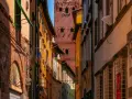 Un vicolo stretto a Lucca con edifici colorati e la torre Guinigi che svetta in lontananza.