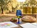 Un bicchiere di olio d'oliva, olive, pane e un grafico per un'esperienza di degustazione di olio d'oliva in un uliveto.
