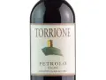 Bottle of Torcione Petrolo wine from Toscana, with a label featuring a drawing of a tower on a hill.