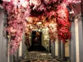 Ingresso fiorito, un arco di fiori rossi e rosa che ricorda l'antica farmacia di Firenze.