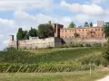 Il castello di Brolio domina le colline toscane, circondato da vigneti rigogliosi e cipressi secolari.