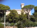 Il Castello Pasquini, con la sua torre imponente, emerge tra alberi verdi e un cielo azzurro.