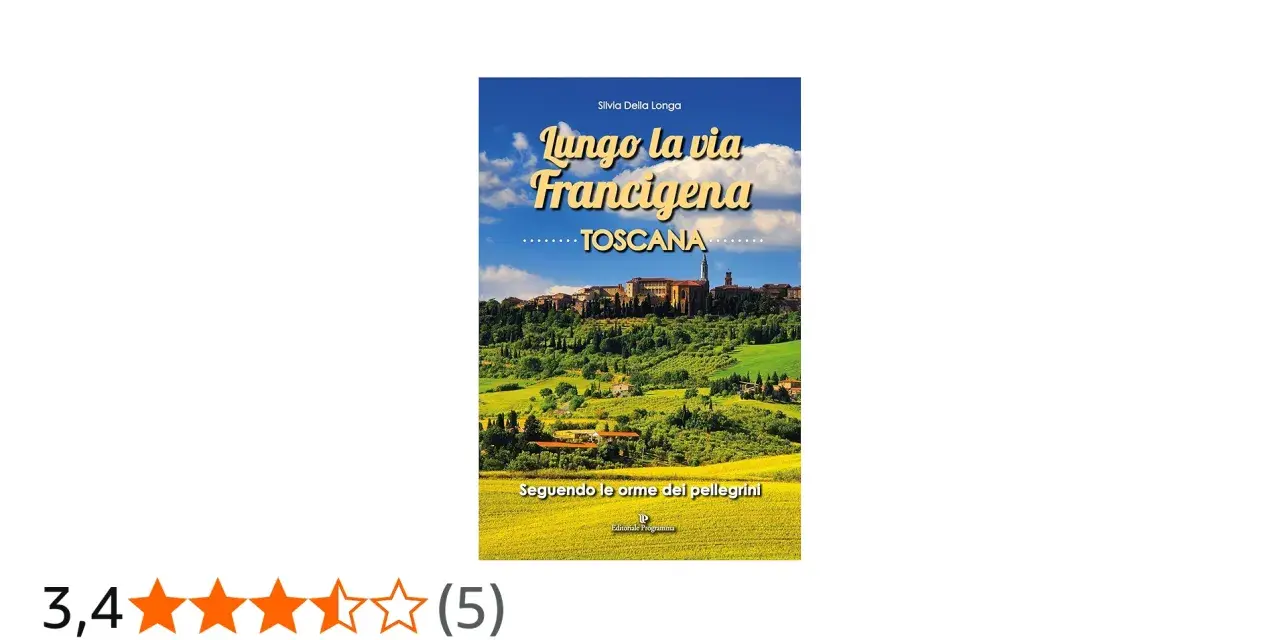 Copertina libro "Lungo la via Francigena Toscana", con borgo collinare e campi dorati. Un invito a seguire le orme dei pellegrini.