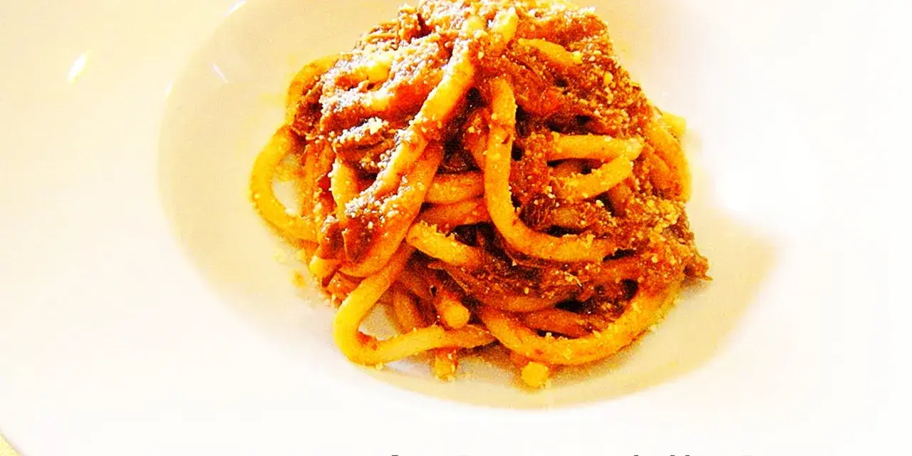 Pici alla nana, un piatto di pasta fatta in casa condita con un ricco ragù, servito su un piatto bianco.
