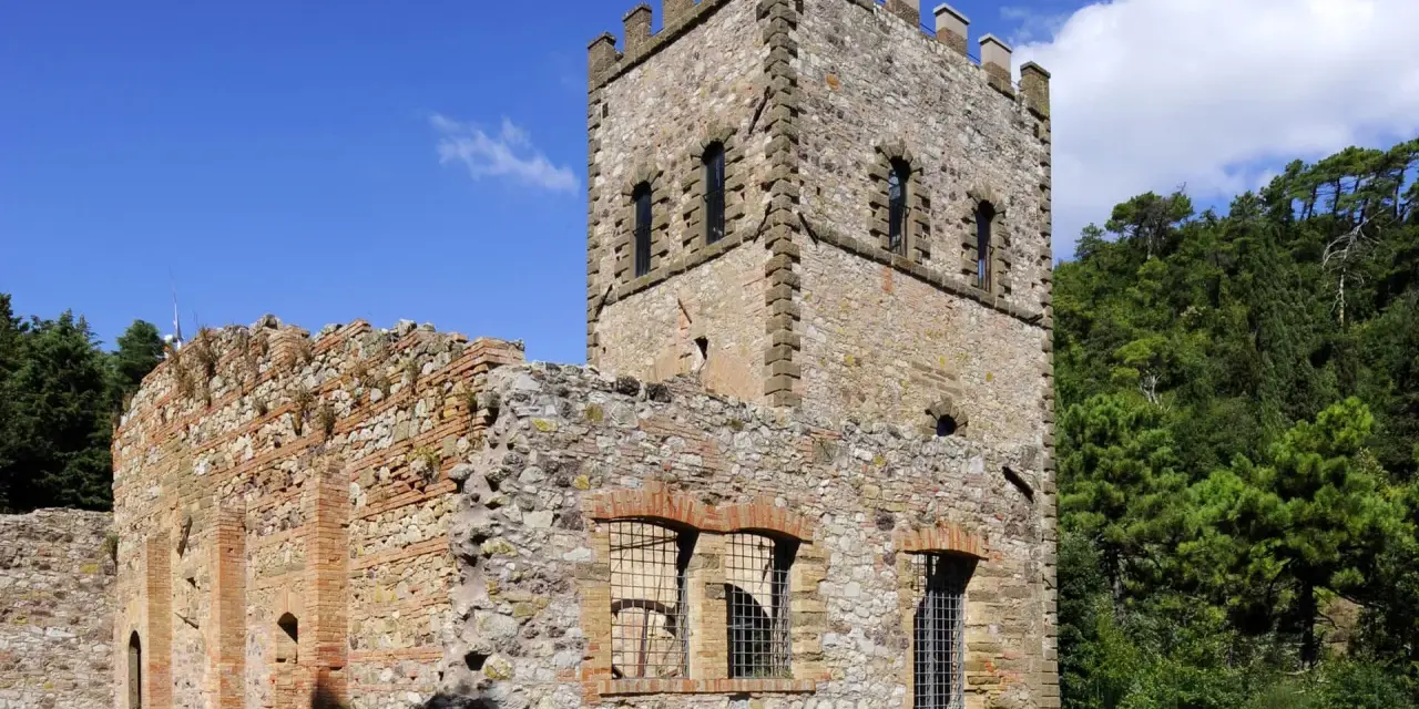 Rovine di un castello a Montecatini Val di Cecina, con una torre merlata e mura in pietra e mattoni, circondato da alberi verdi.