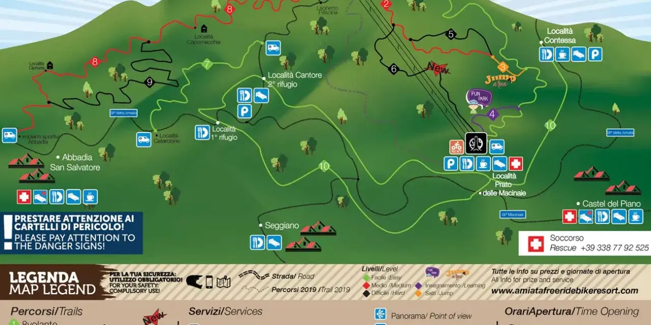 Mappa del Monte Amiata Bike Resort, con percorsi per l'amiata freeride, rifugi, fun park e servizi.
