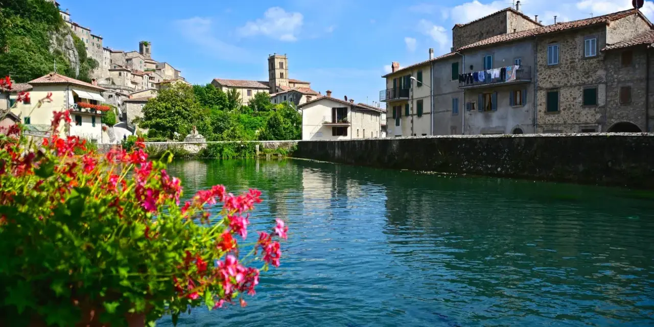 Fiori rossi in primo piano, con il borgo di Santa Fiora e il suo fiume sullo sfondo.