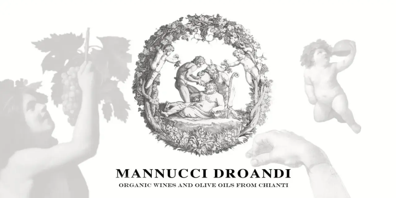 Mannucci Droandi: putti e figure mitologiche celebrano la vendemmia, evocando la tradizione dei vini e oli d'oliva del Chianti.