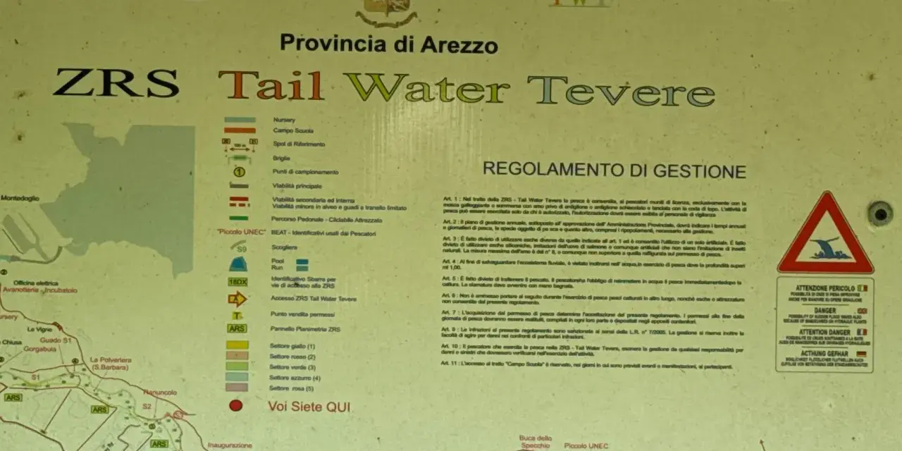 Mappa della ZRS Tail Water Tevere, con sentieri, punti di interesse e regolamenti per la pesca in un'area di **monti rognosi**.