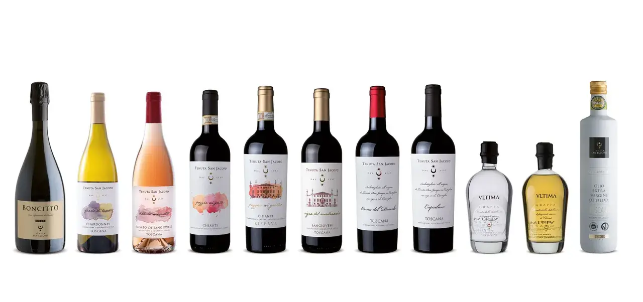 Vasta gamma di vini e olio della Tenuta San Jacopo: spumante, bianchi, rosati, rossi toscani, grappe e olio EVO.