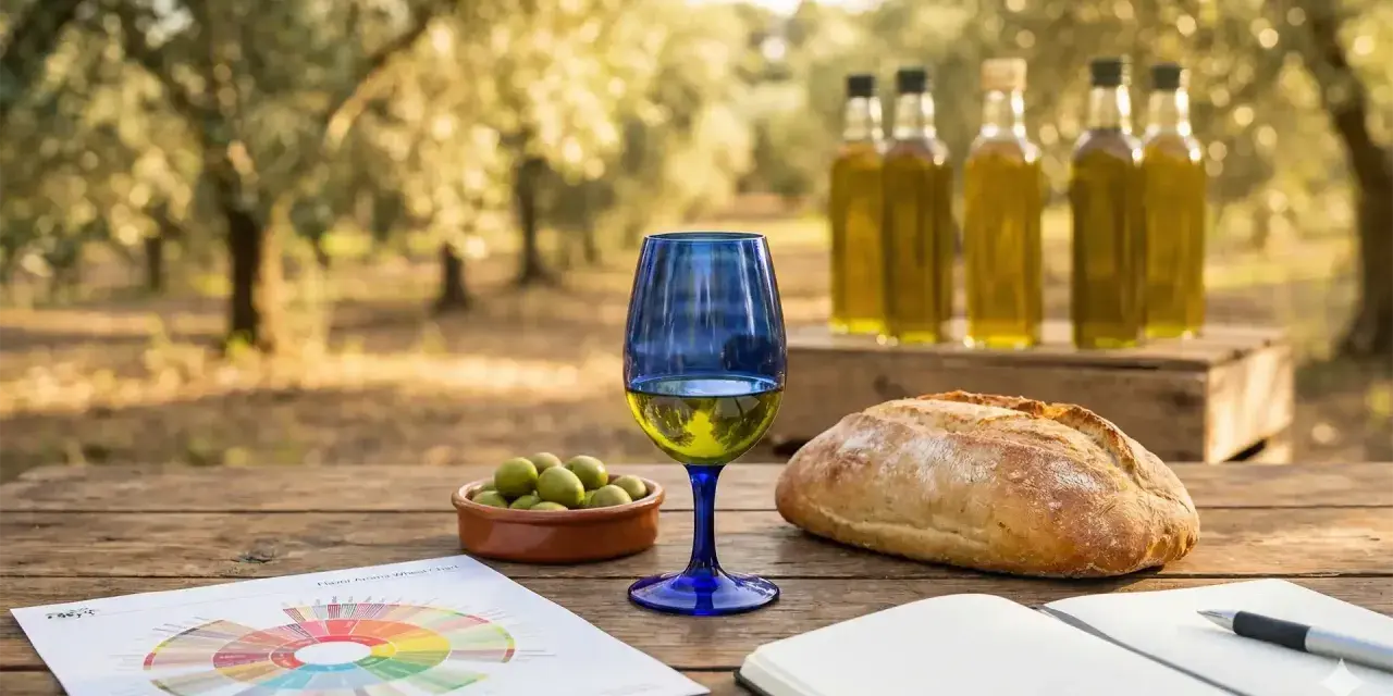 Un bicchiere di olio d'oliva, olive, pane e un grafico per un'esperienza di degustazione di olio d'oliva in un uliveto.