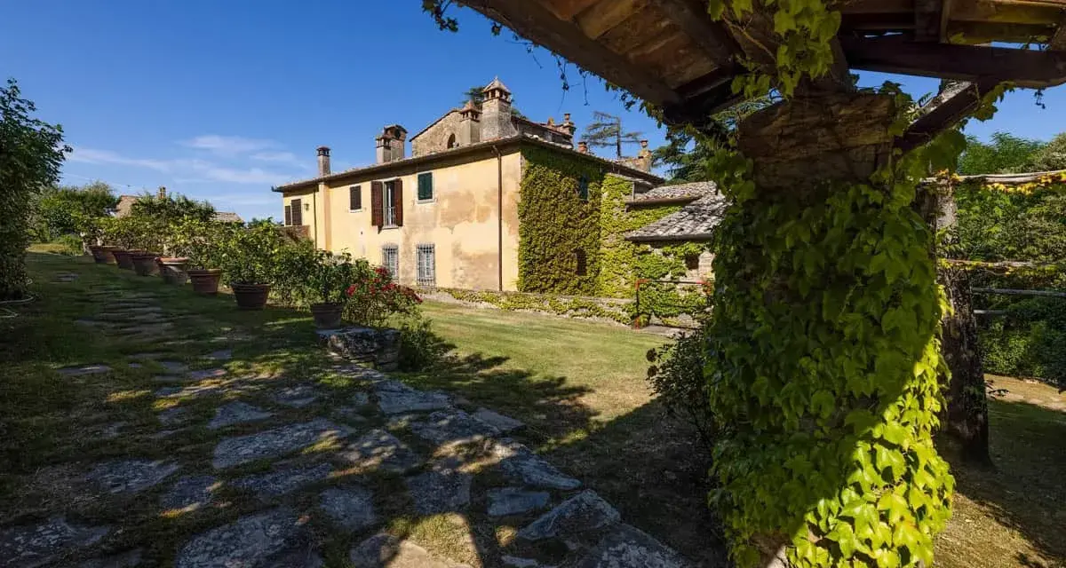 Un casale toscano immerso nel verde, con un pergolato ricoperto d'edera. Un luogo ideale per gustare un buon dionisio vino.