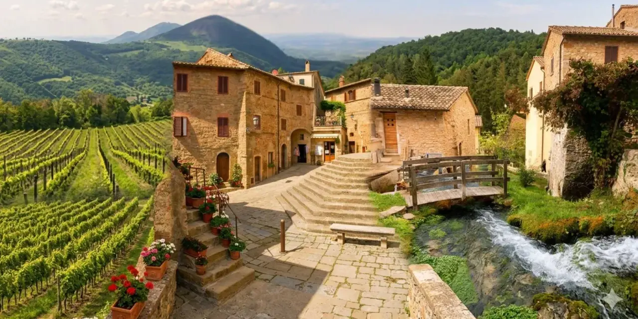 Monticchiello: cosa vedere? Un borgo toscano con vigneti, case in pietra, un ruscello e un ponte di legno.