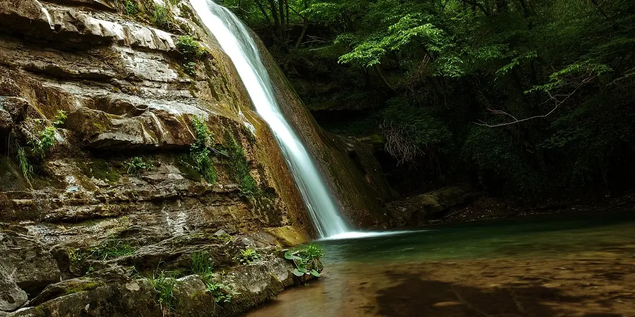 Le cascate dell'Acquacheta scendono su rocce muschiose in una foresta lussureggiante, creando un'oasi di pace.