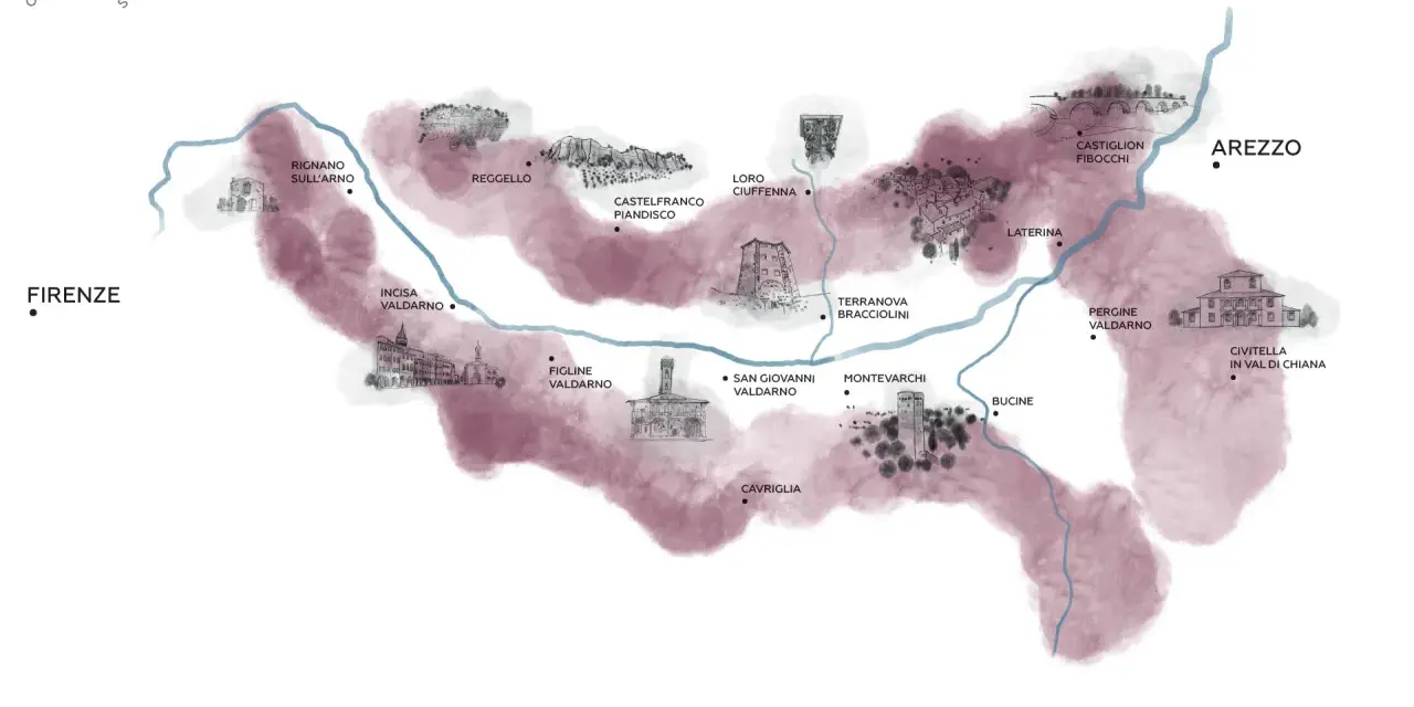 Mappa illustrata del Valdarno di Sopra, con borghi, fiumi e paesaggi toscani.