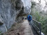 Passeggiata con cani lungo un sentiero stretto sotto una roccia sporgente, simile a una grotta all'onda.