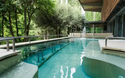 Piscina termale con cascata e alberi circostanti: un'oasi di relax da scoprire tra le cose da vedere a Chianciano Terme.