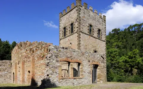 Rovine di un castello a Montecatini Val di Cecina, con una torre merlata e mura in pietra e mattoni, circondato da alberi verdi.