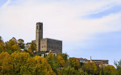 Castello medievale su una collina, circondato da alberi autunnali. Forse è qui dove hanno girato il ciclone.