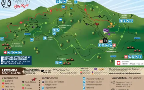Mappa del Monte Amiata Bike Resort, con percorsi per l'amiata freeride, rifugi, fun park e servizi.