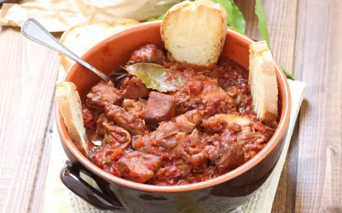 La scottiglia, un saporito stufato di carne in umido, servita in una ciotola di terracotta con fette di pane croccante.