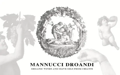 Mannucci Droandi: putti e figure mitologiche celebrano la vendemmia, evocando la tradizione dei vini e oli d'oliva del Chianti.