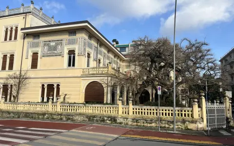 Villa Argentina a Viareggio, con la sua facciata decorata e un grande albero spoglio.