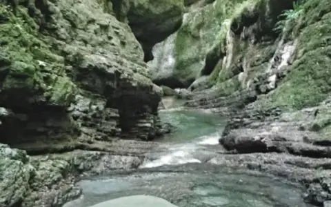 Un torrente scorre tra le rocce scoscese e muschiose dell'orrido di Botri, creando un paesaggio selvaggio e suggestivo.