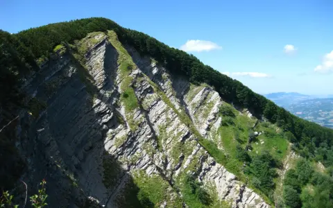 Ripida parete rocciosa con stratificazioni evidenti, coperta da vegetazione verde e alberi. Il cielo è azzurro con qualche nuvola.
