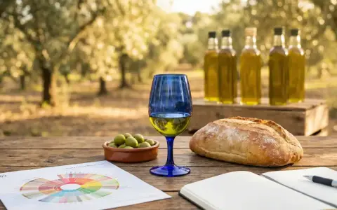 Un bicchiere di olio d'oliva, olive, pane e un grafico per un'esperienza di degustazione di olio d'oliva in un uliveto.