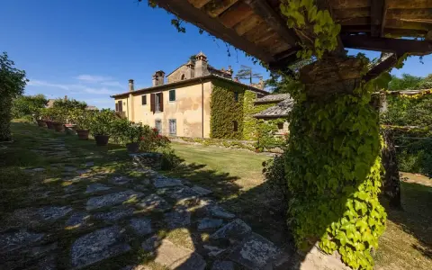 Un casale toscano immerso nel verde, con un pergolato ricoperto d'edera. Un luogo ideale per gustare un buon dionisio vino.
