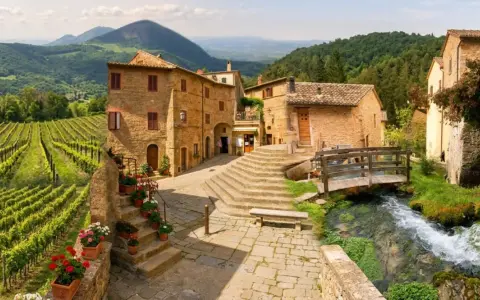 Monticchiello: cosa vedere? Un borgo toscano con vigneti, case in pietra, un ruscello e un ponte di legno.