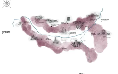 Mappa illustrata del Valdarno di Sopra, con borghi, fiumi e paesaggi toscani.