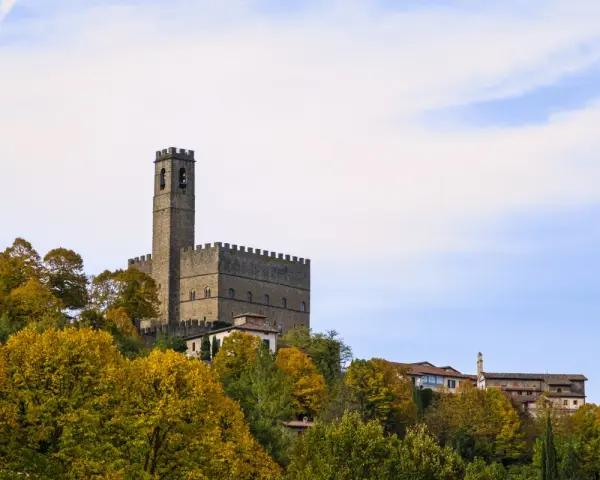 Castello medievale su una collina, circondato da alberi autunnali. Forse è qui dove hanno girato il ciclone.