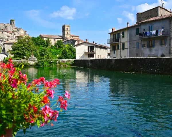 Fiori rossi in primo piano, con il borgo di Santa Fiora e il suo fiume sullo sfondo.
