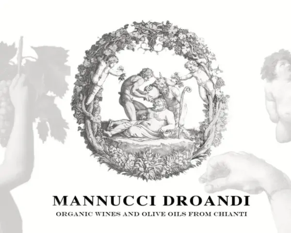 Mannucci Droandi: putti e figure mitologiche celebrano la vendemmia, evocando la tradizione dei vini e oli d'oliva del Chianti.