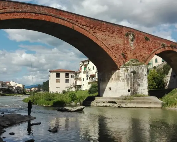 Ponte Mediceo a Pontassieve, cosa vedere: un pescatore sul fiume Sieve sotto l'arco in mattoni rossi, con case colorate sullo sfondo.