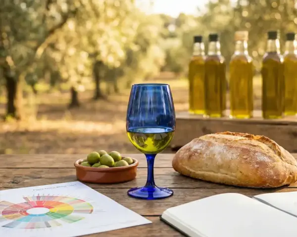 Un bicchiere di olio d'oliva, olive, pane e un grafico per un'esperienza di degustazione di olio d'oliva in un uliveto.