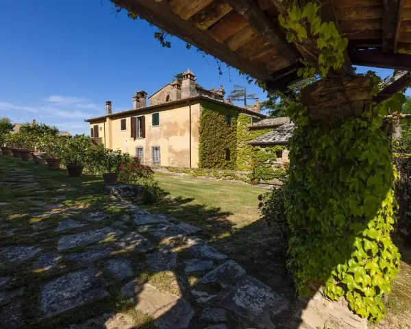 Un casale toscano immerso nel verde, con un pergolato ricoperto d'edera. Un luogo ideale per gustare un buon dionisio vino.