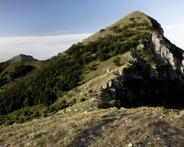 Panoramica del monte Matanna con pendii erbosi, rocce affioranti e boschi di faggi.