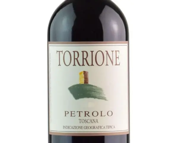 Bottle of Torcione Petrolo wine from Toscana, with a label featuring a drawing of a tower on a hill.