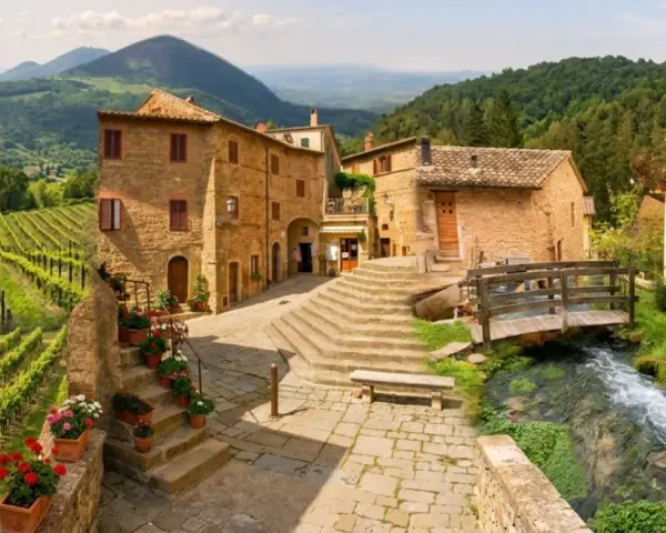Monticchiello: cosa vedere? Un borgo toscano con vigneti, case in pietra, un ruscello e un ponte di legno.