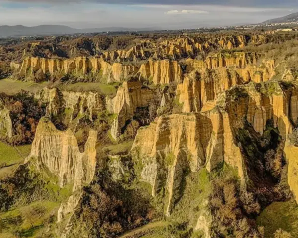 Paesaggio surreale nella provincia di Arezzo, con calanchi dorati che si ergono tra colline verdi e alberi spogli.