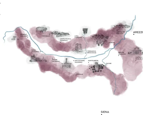 Mappa illustrata del Valdarno di Sopra, con borghi, fiumi e paesaggi toscani.