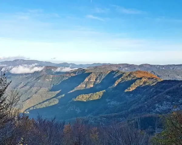 Viste panoramiche del monte Falterona con ombre lunghe e cielo azzurro.