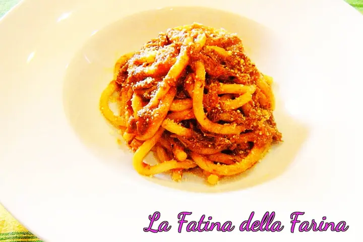 Pici alla nana, un piatto di pasta fatta in casa condita con un ricco ragù, servito su un piatto bianco.