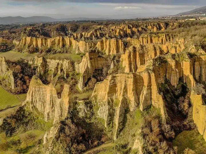 Paesaggio surreale nella provincia di Arezzo, con calanchi dorati che si ergono tra colline verdi e alberi spogli.