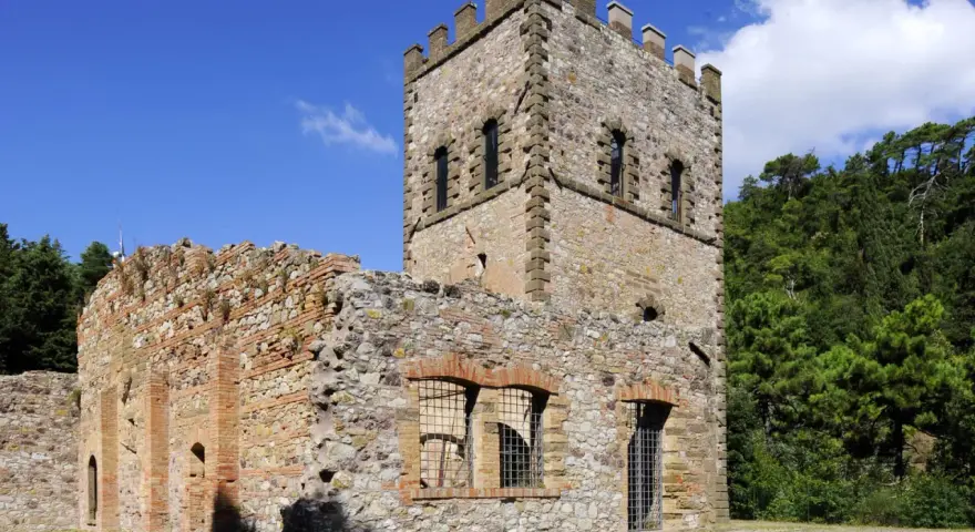 Rovine di un castello a Montecatini Val di Cecina, con una torre merlata e mura in pietra e mattoni, circondato da alberi verdi.